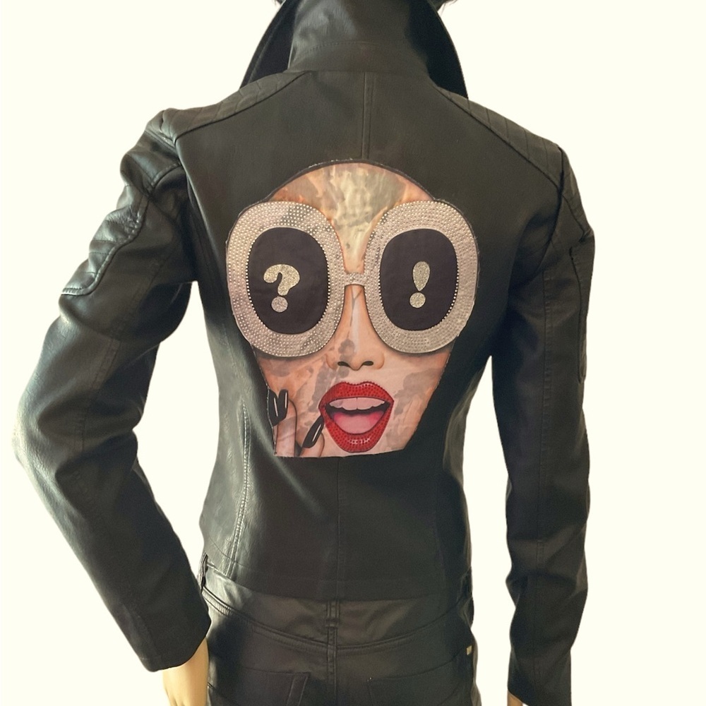 Unique Moto Bikers Black Faux Leather Jacket Form Fitting. Lined. Up cycled